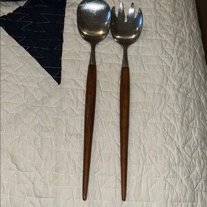 MCM Norway Teak Elegant Silver and Brown Salad Server Set